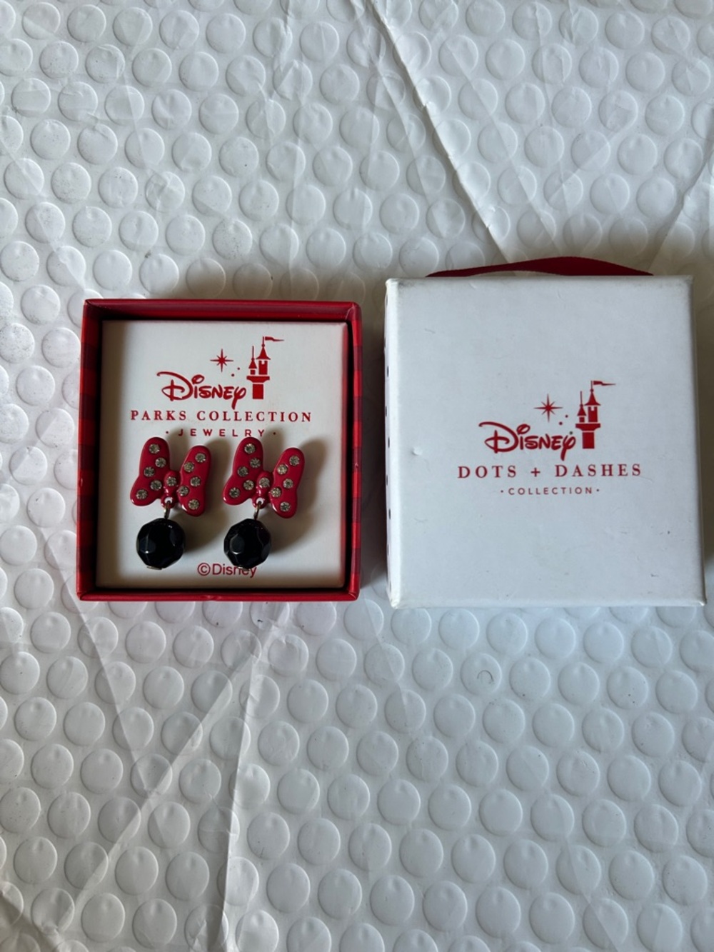 Disney Red Minnie Bow Earrings with Black Gem Drops